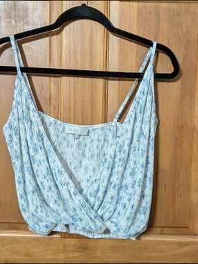 WAYF Blue Floral Ribbed Surplice Tank Top